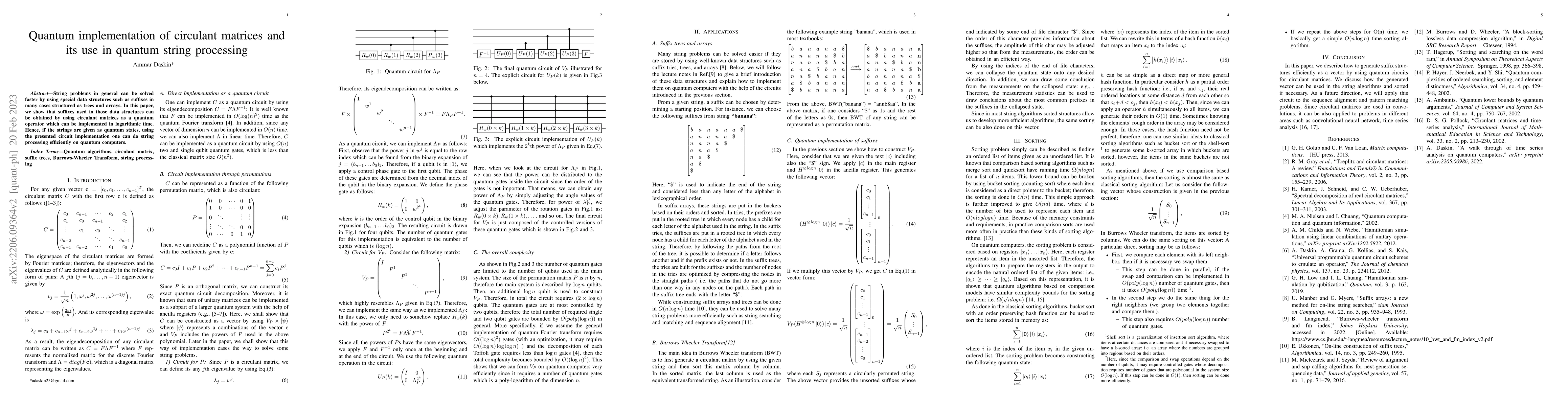 Thumbnail for Quantum implementation of circulant matrices and its use in quantum
  string processing