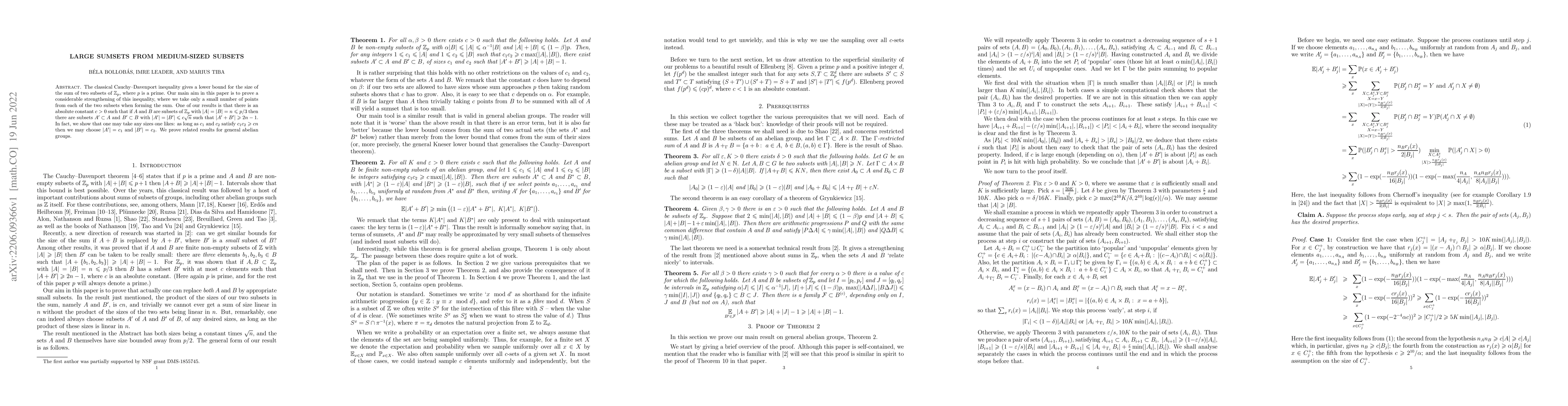 Thumbnail for Large sumsets from medium-sized subsets