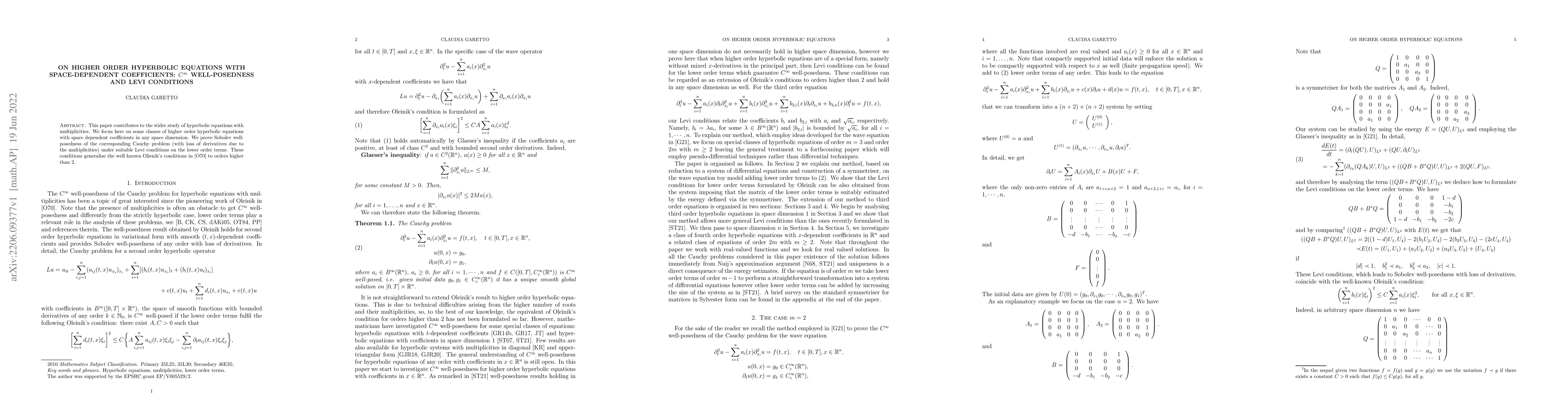 Thumbnail for On higher order hyperbolic equations with space-dependent coefficients:
  $C^\infty$ well-posedness and Levi conditions