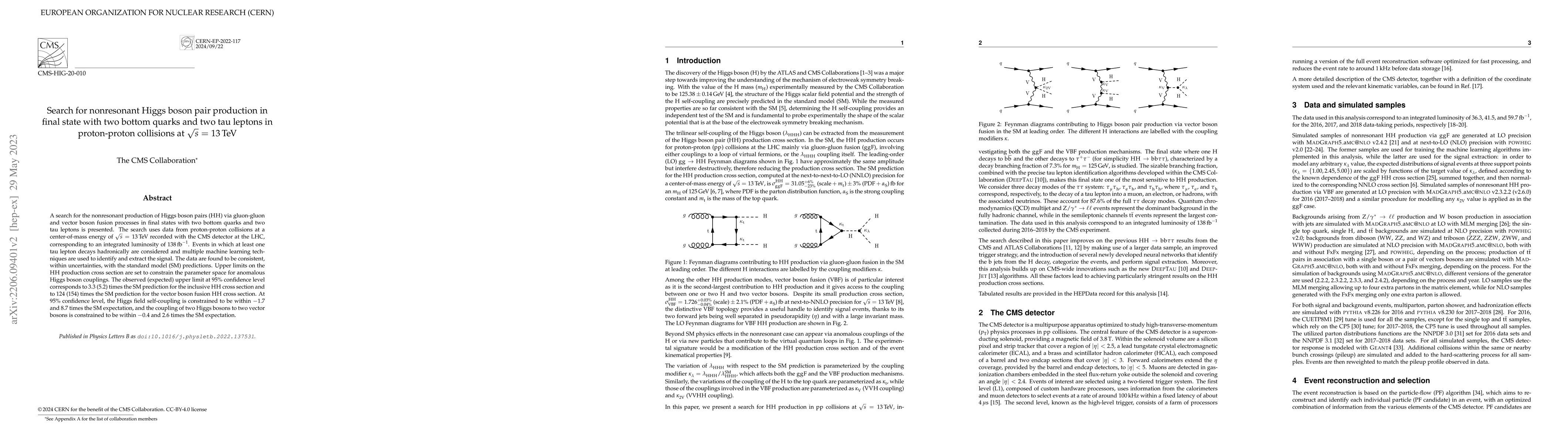 Thumbnail for Search for nonresonant Higgs boson pair production in final state with
  two bottom quarks and two tau leptons in proton-proton collisions at
  $\sqrt{s}$ = 13 TeV