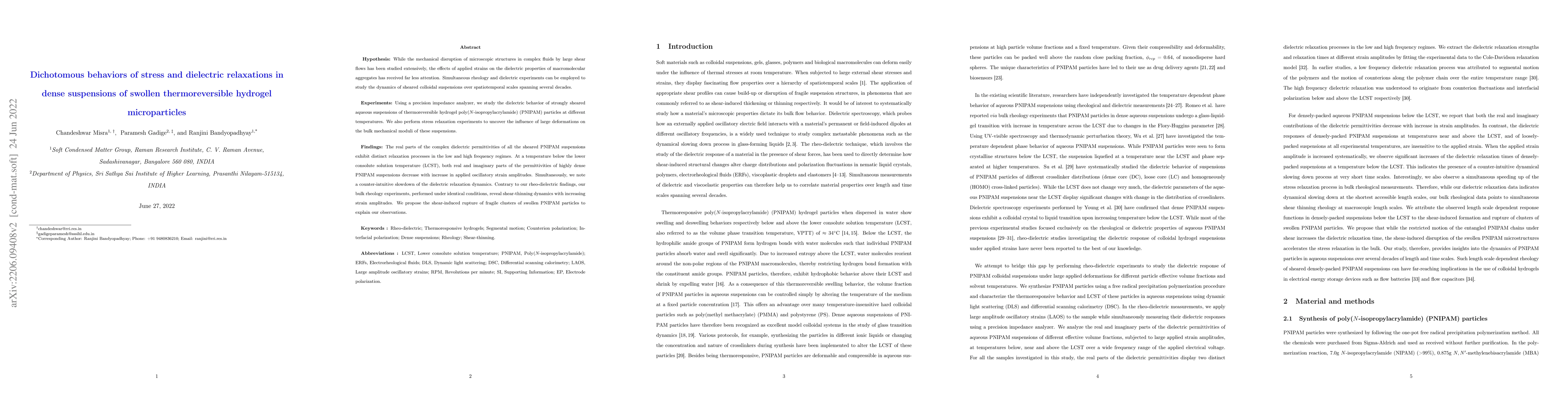 Thumbnail for Dichotomous behaviors of stress and dielectric relaxations in dense
  suspensions of swollen thermoreversible hydrogel microparticles
