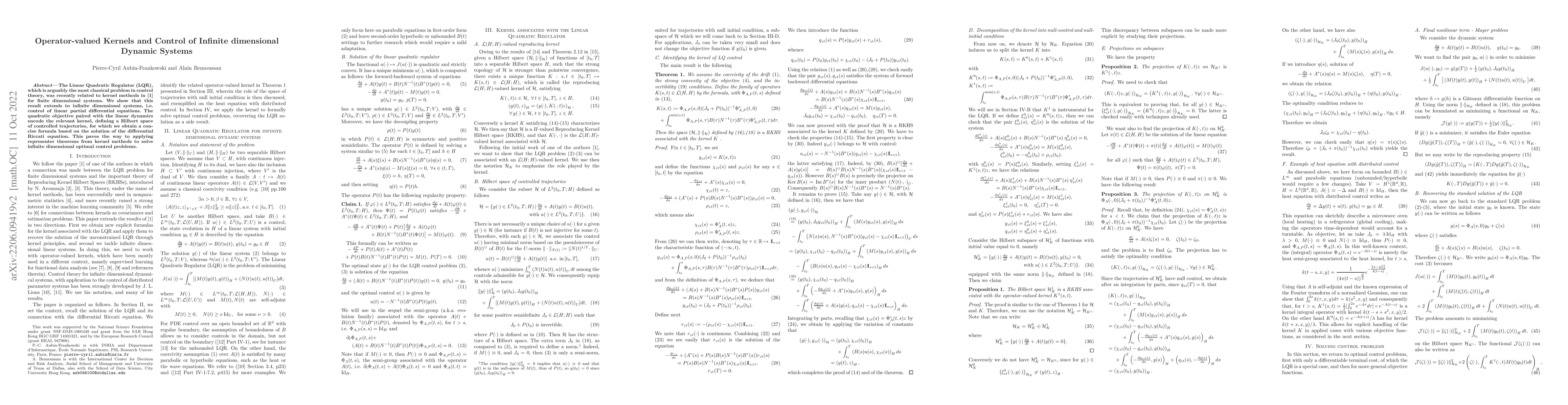 Thumbnail for Operator-valued Kernels and Control of Infinite dimensional Dynamic
  Systems