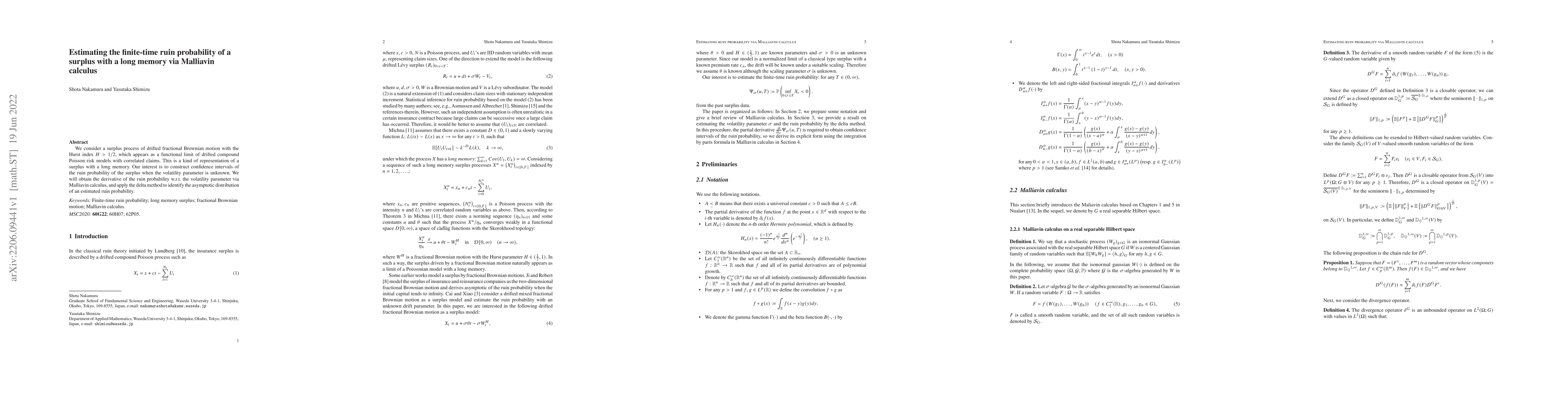Thumbnail for Estimating the finite-time ruin probability of a surplus with a long
  memory via Malliavin calculus