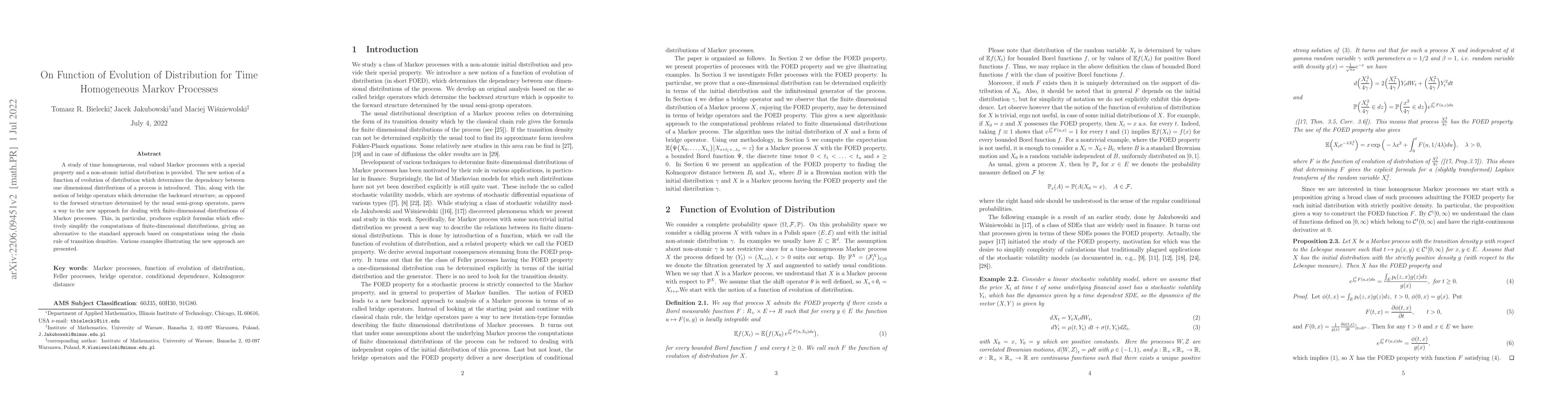 Thumbnail for On Function of Evolution of Distribution for Time Homogeneous Markov
  Processes