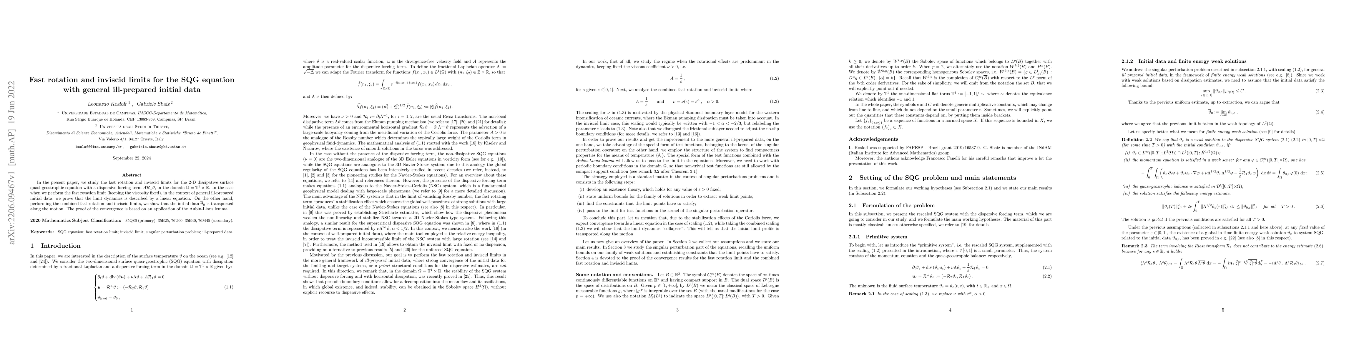 Thumbnail for Fast rotation and inviscid limits for the SQG equation with general
  ill-prepared initial data