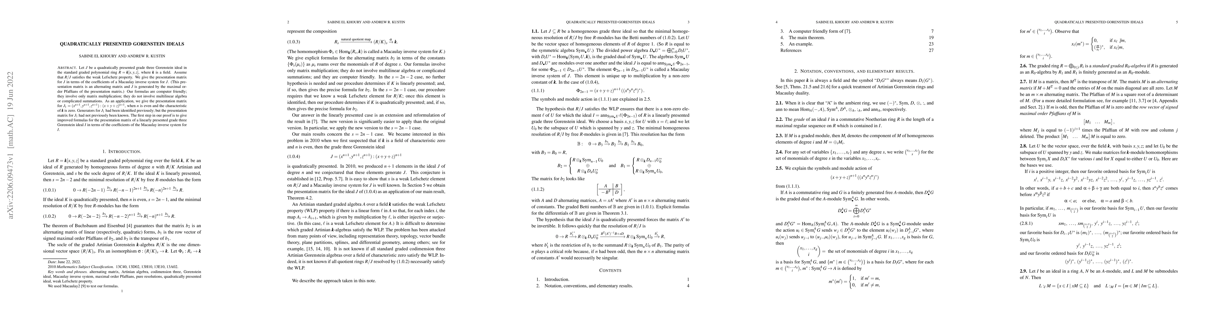 Thumbnail for Quadratically presented Gorenstein ideals