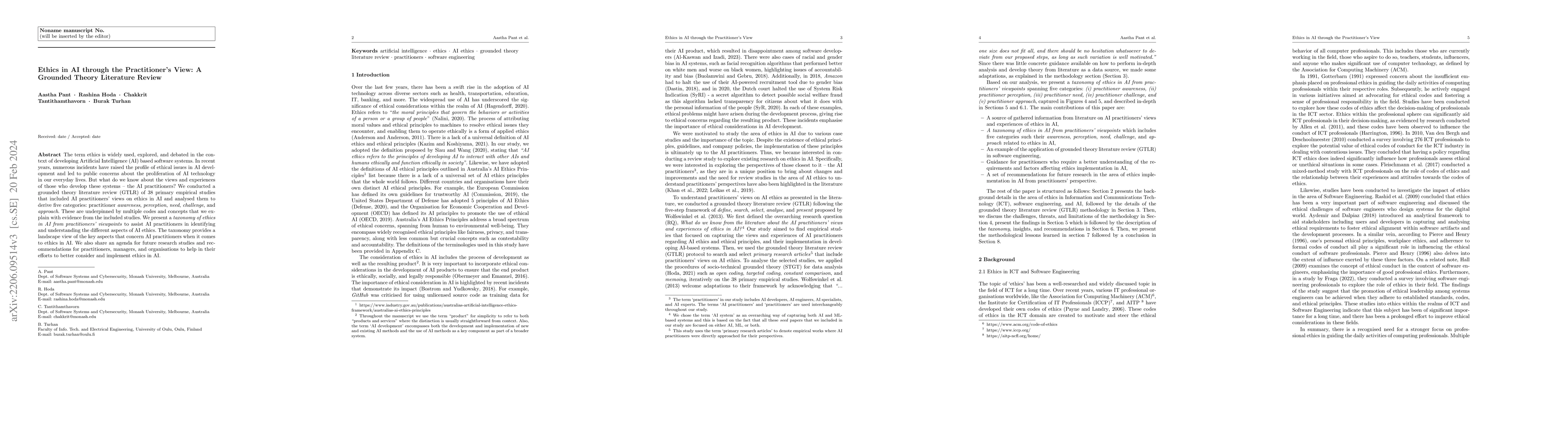 Thumbnail for Ethics in AI through the Practitioner's View: A Grounded Theory
  Literature Review