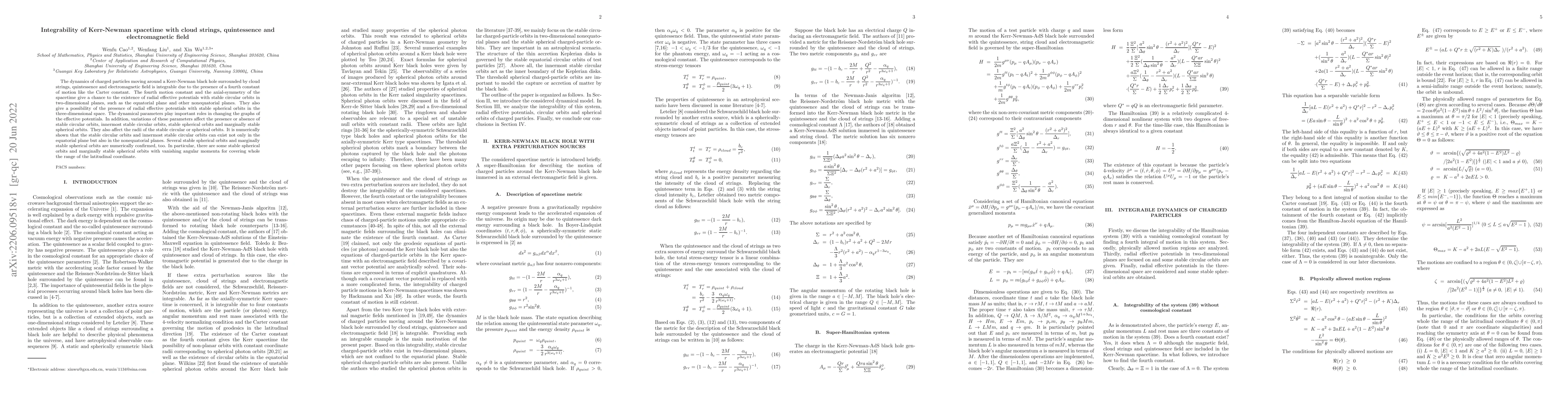 Thumbnail for Integrability of Kerr-Newman spacetime with cloud strings, quintessence
  and electromagnetic field