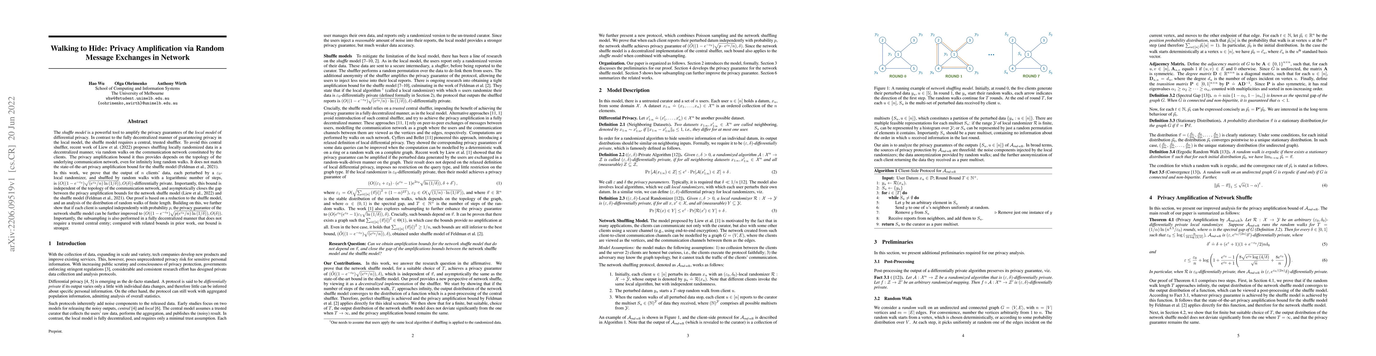 Thumbnail for Walking to Hide: Privacy Amplification via Random Message Exchanges in
  Network