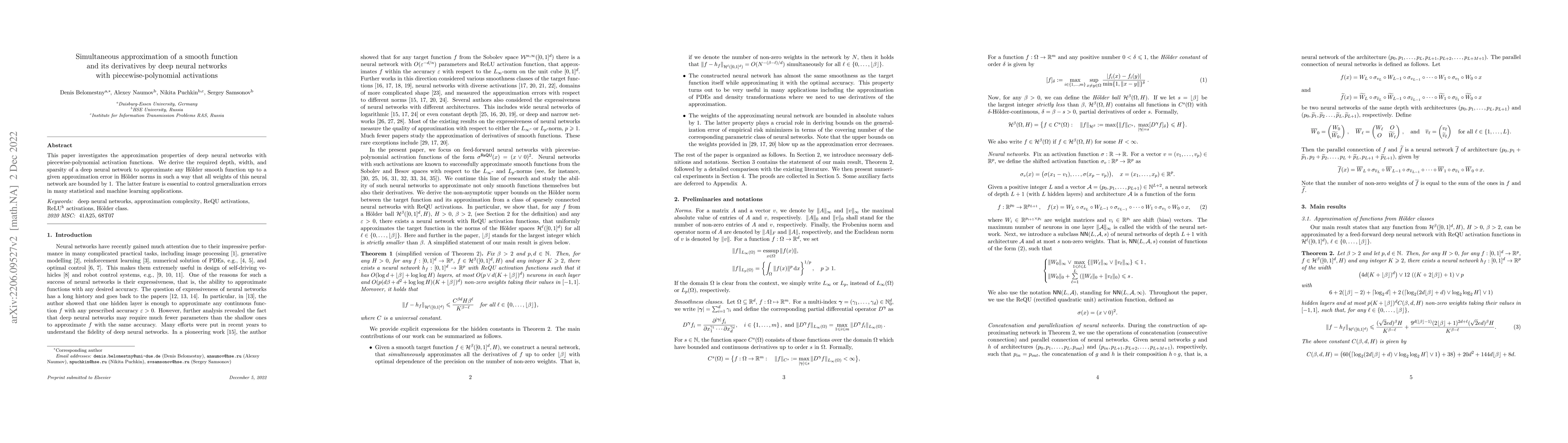 Thumbnail for Simultaneous approximation of a smooth function and its derivatives by
  deep neural networks with piecewise-polynomial activations