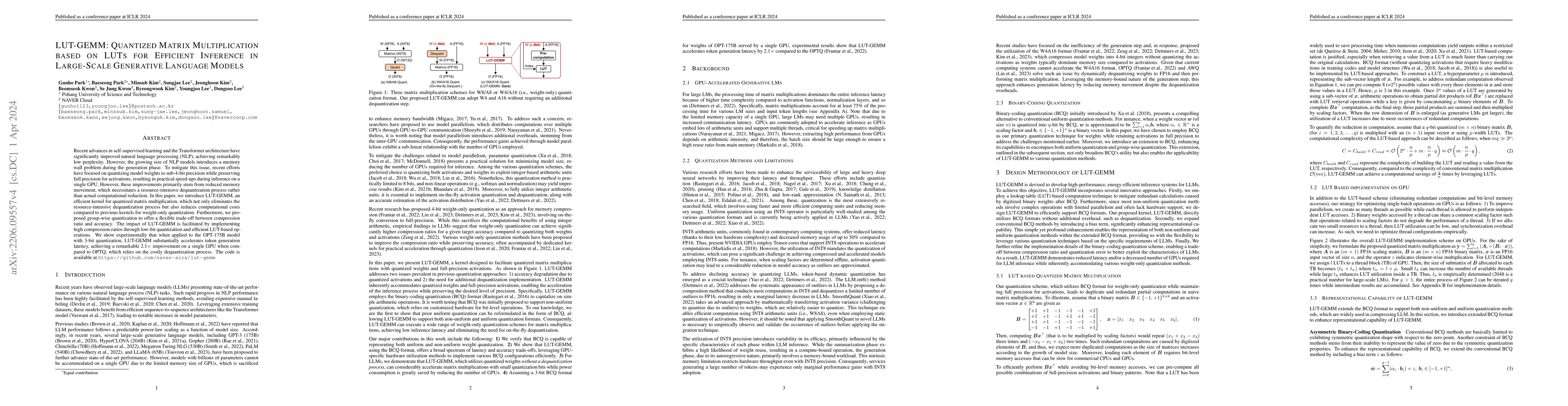 Thumbnail for LUT-GEMM: Quantized Matrix Multiplication based on LUTs for Efficient
  Inference in Large-Scale Generative Language Models