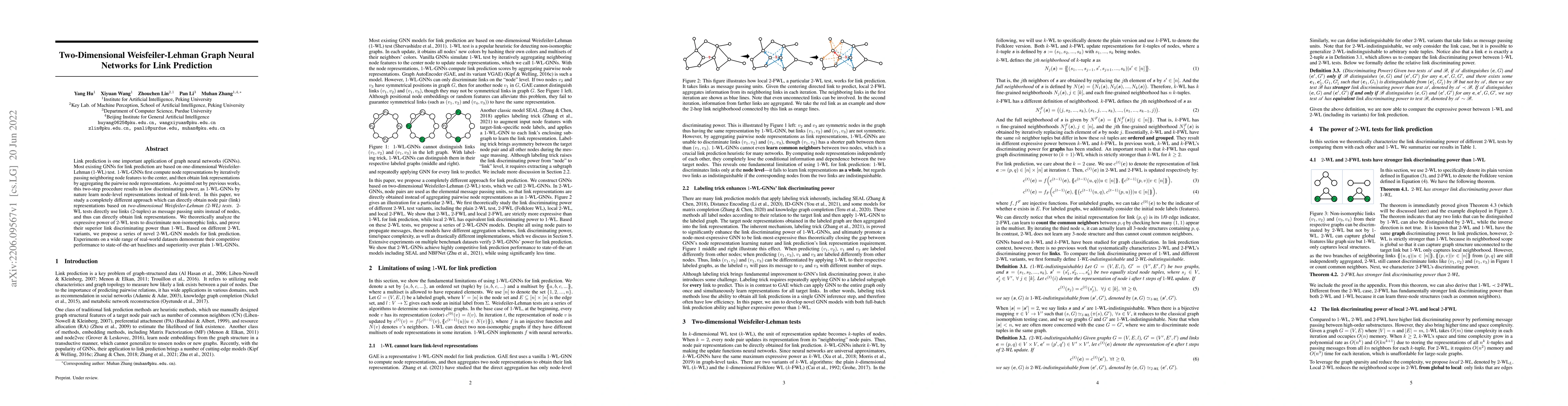Thumbnail for Two-Dimensional Weisfeiler-Lehman Graph Neural Networks for Link
  Prediction
