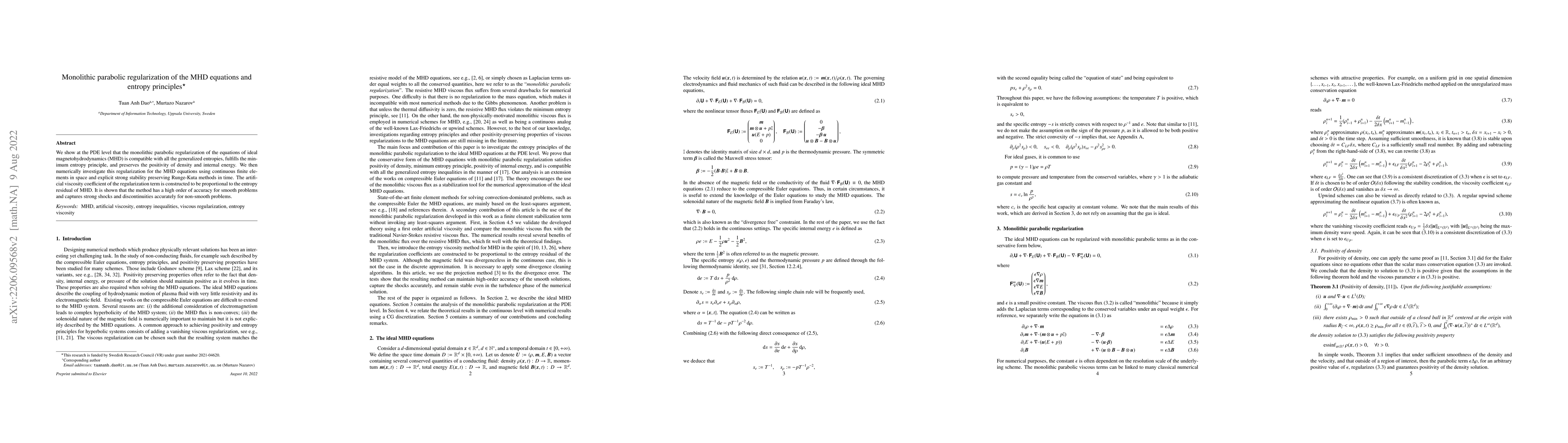 Thumbnail for Monolithic parabolic regularization of the MHD equations and entropy
  principles