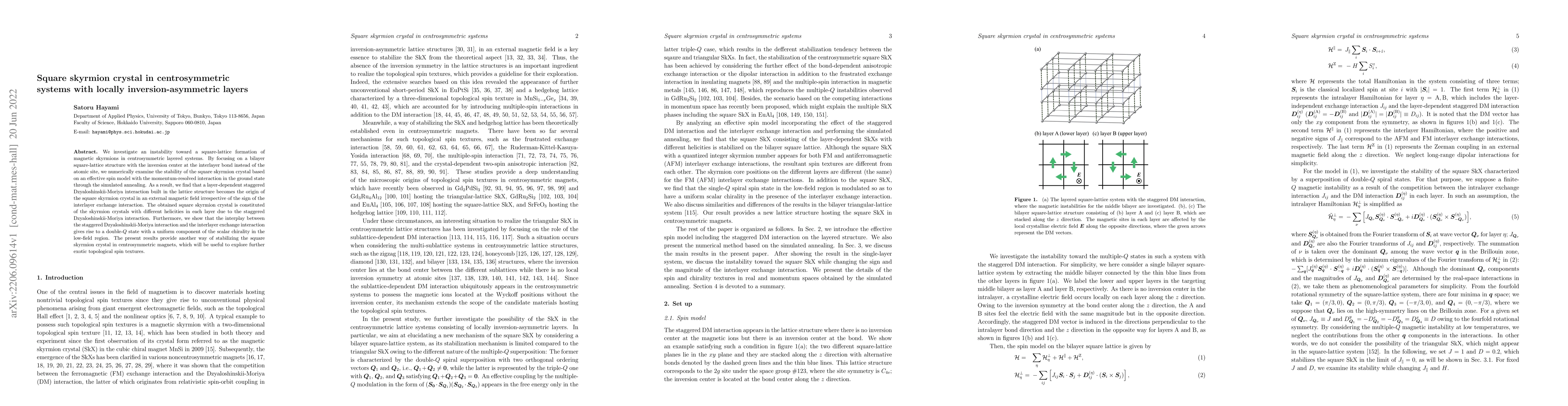 Thumbnail for Square skyrmion crystal in centrosymmetric systems with locally
  inversion-asymmetric layers