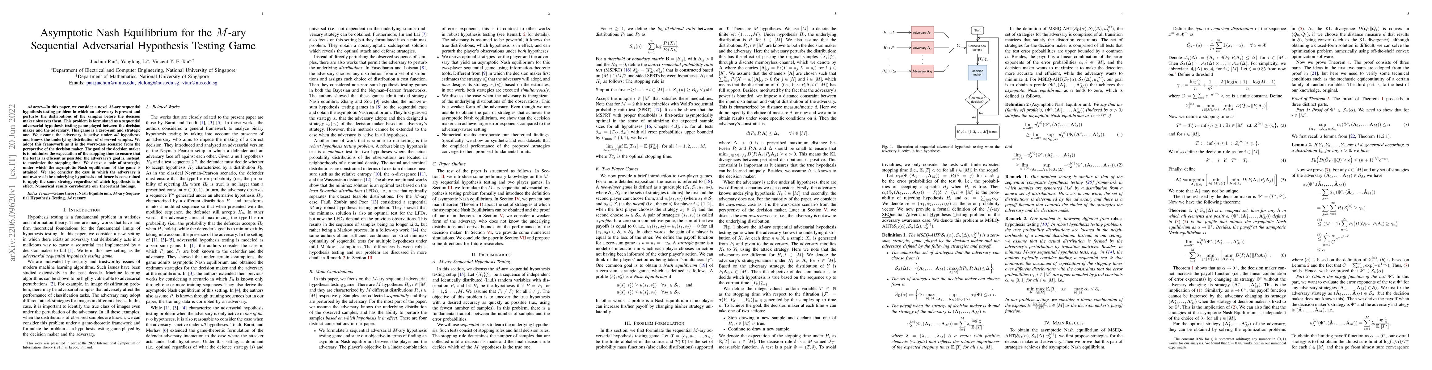 Thumbnail for Asymptotic Nash Equilibrium for the $M$-ary Sequential Adversarial
  Hypothesis Testing Game