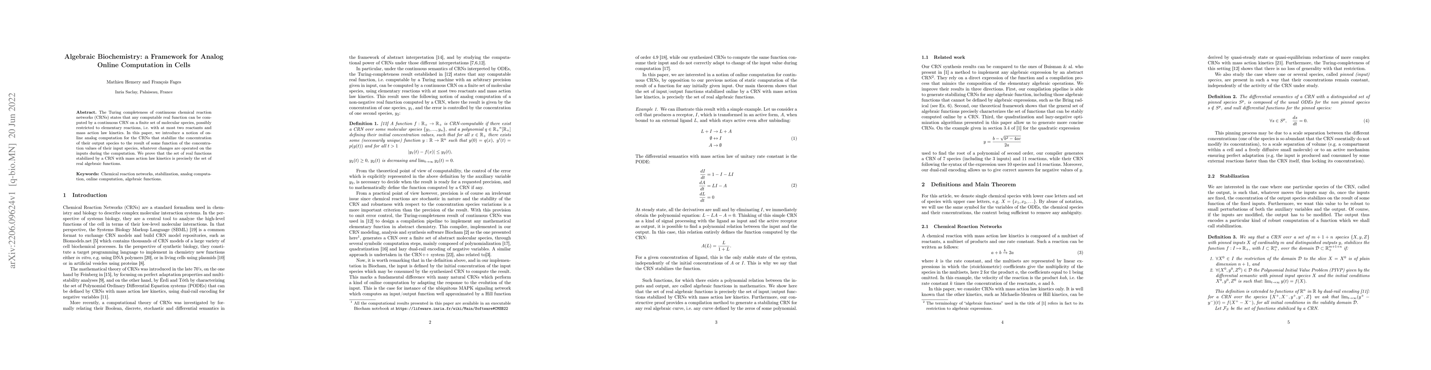 Thumbnail for Algebraic Biochemistry: a Framework for Analog Online Computation in
  Cells