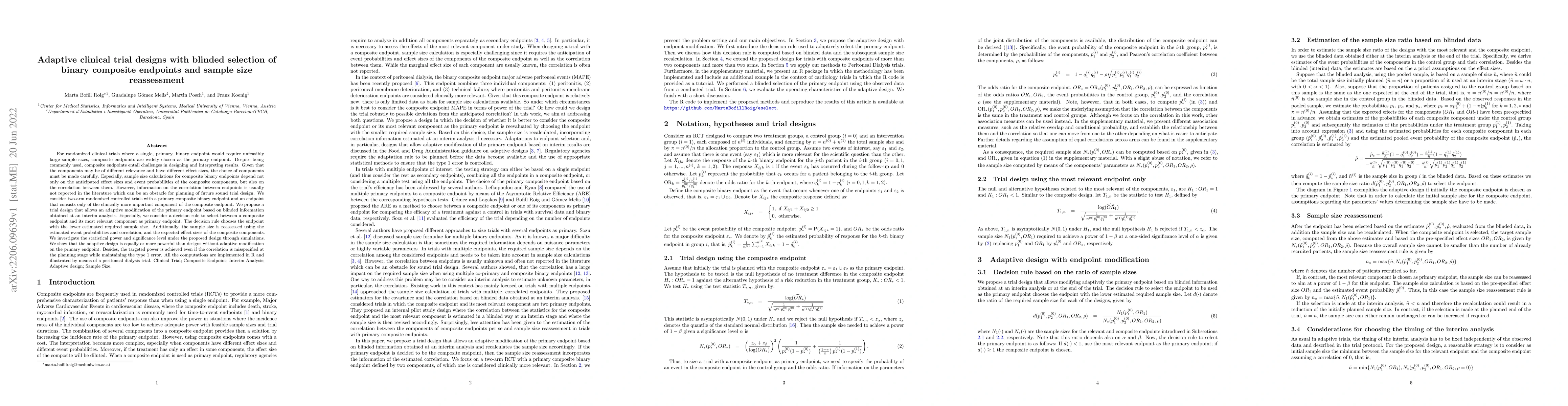 Thumbnail for Adaptive clinical trial designs with blinded selection of binary
  composite endpoints and sample size reassessment