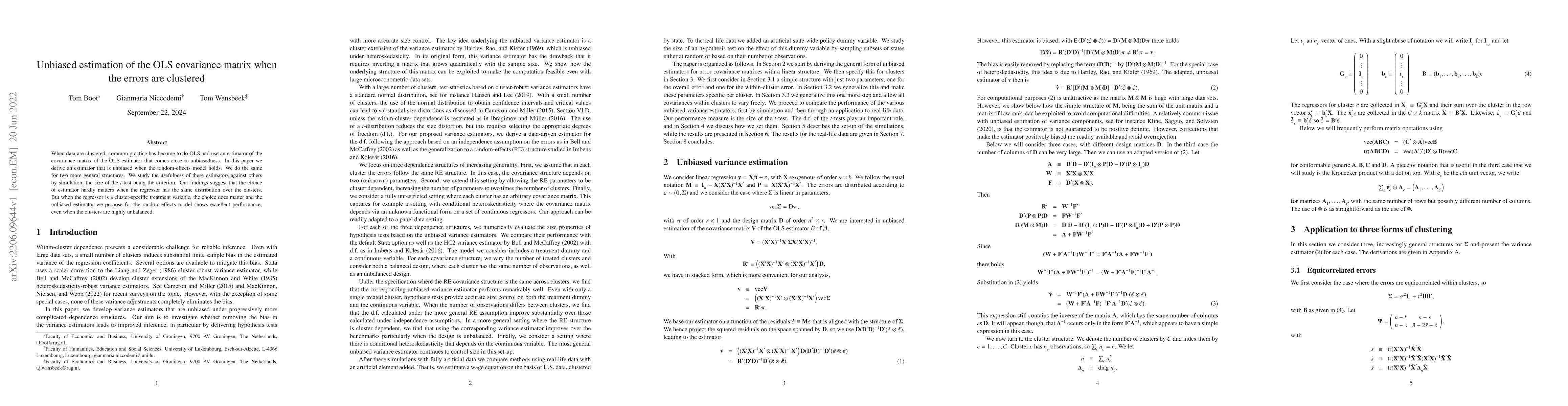 Thumbnail for Unbiased estimation of the OLS covariance matrix when the errors are
  clustered
