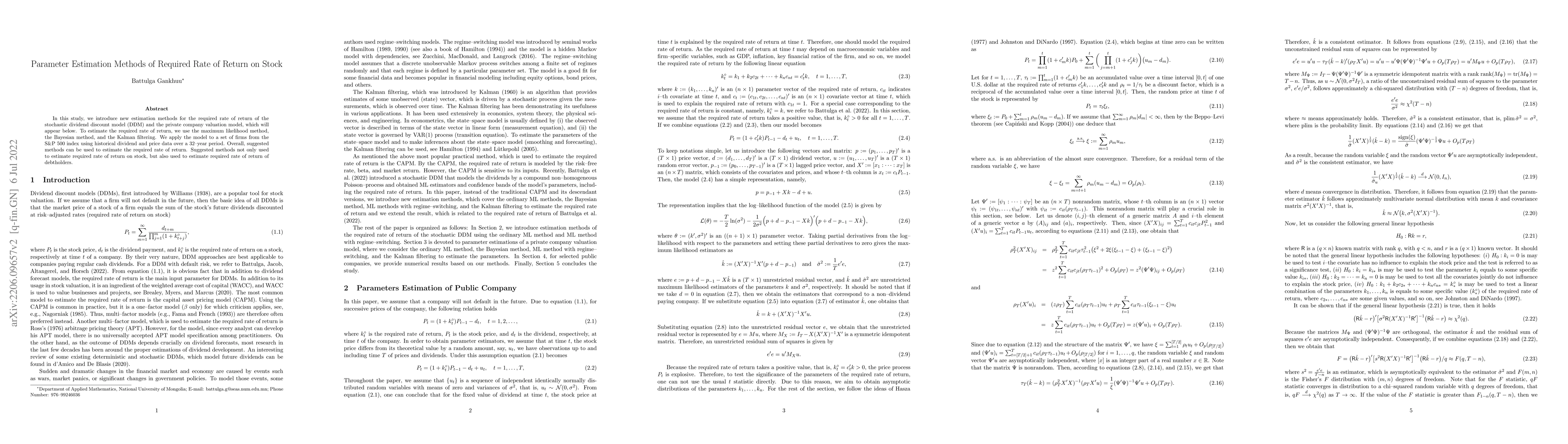 Thumbnail for Parameter Estimation Methods of Required Rate of Return on Stock