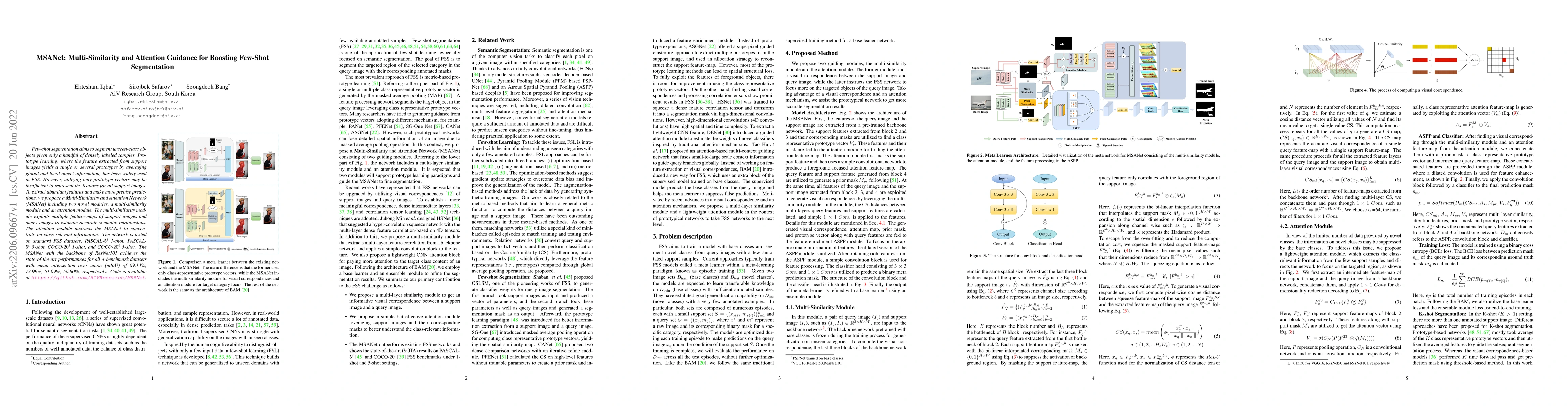 Thumbnail for MSANet: Multi-Similarity and Attention Guidance for Boosting Few-Shot
  Segmentation