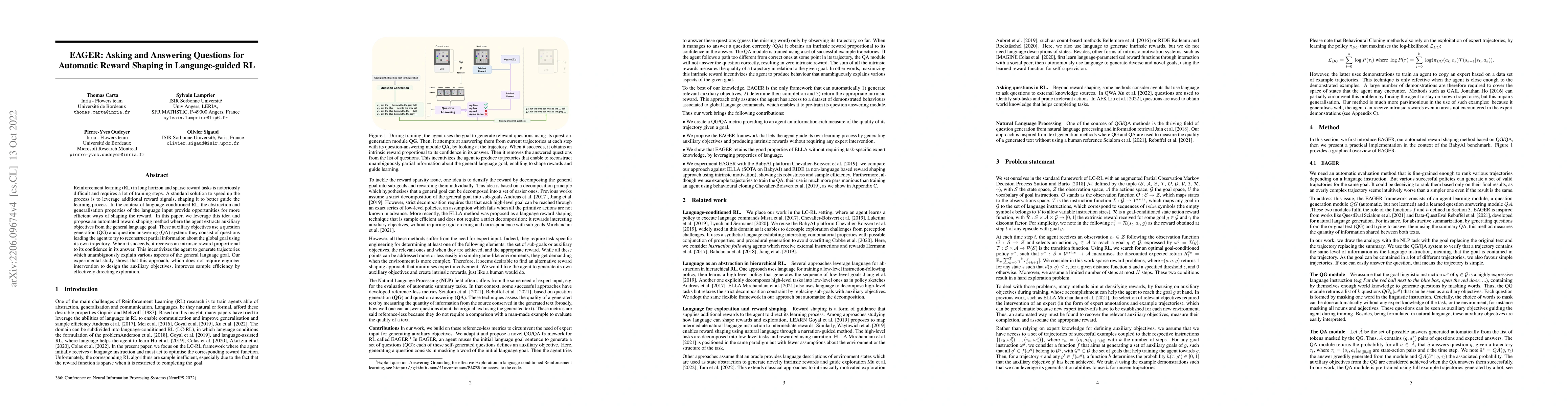 Thumbnail for EAGER: Asking and Answering Questions for Automatic Reward Shaping in
  Language-guided RL