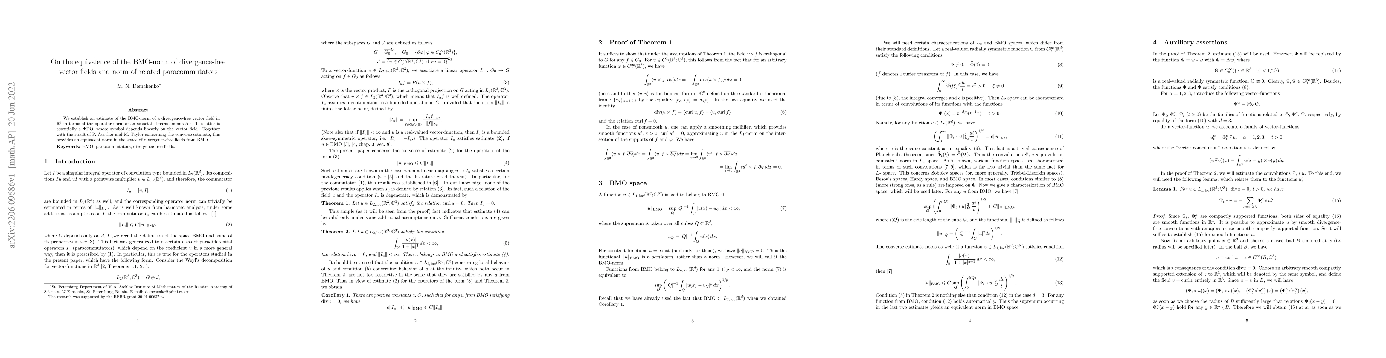 Thumbnail for On the equivalence of the BMO-norm of divergence-free vector fields and
  norm of related paracommutators