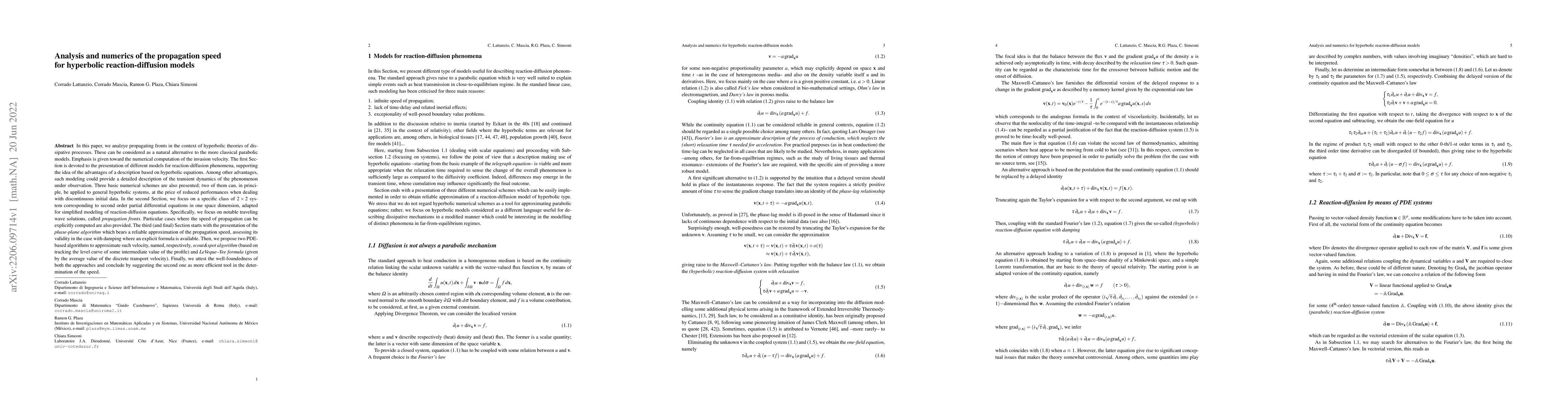 Thumbnail for Analysis and numerics of the propagation speed for hyperbolic
  reaction-diffusion models