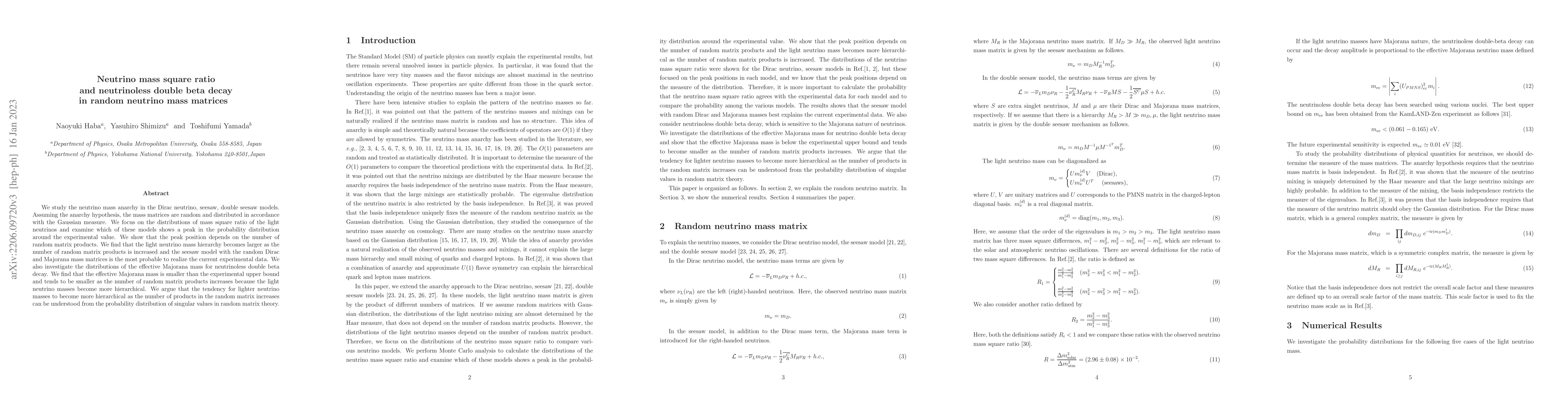 Thumbnail for Neutrino mass square ratio and neutrinoless double beta decay in random
  neutrino mass matrices