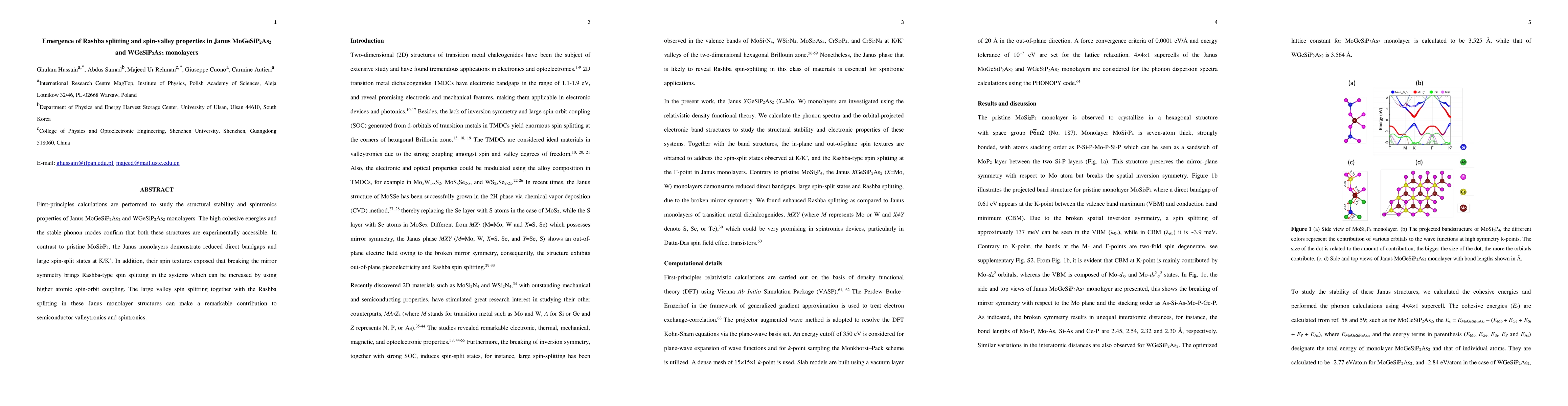 Thumbnail for Emergence of Rashba splitting and spin-valley properties in Janus
  MoGeSiP2As2 and WGeSiP2As2 monolayers