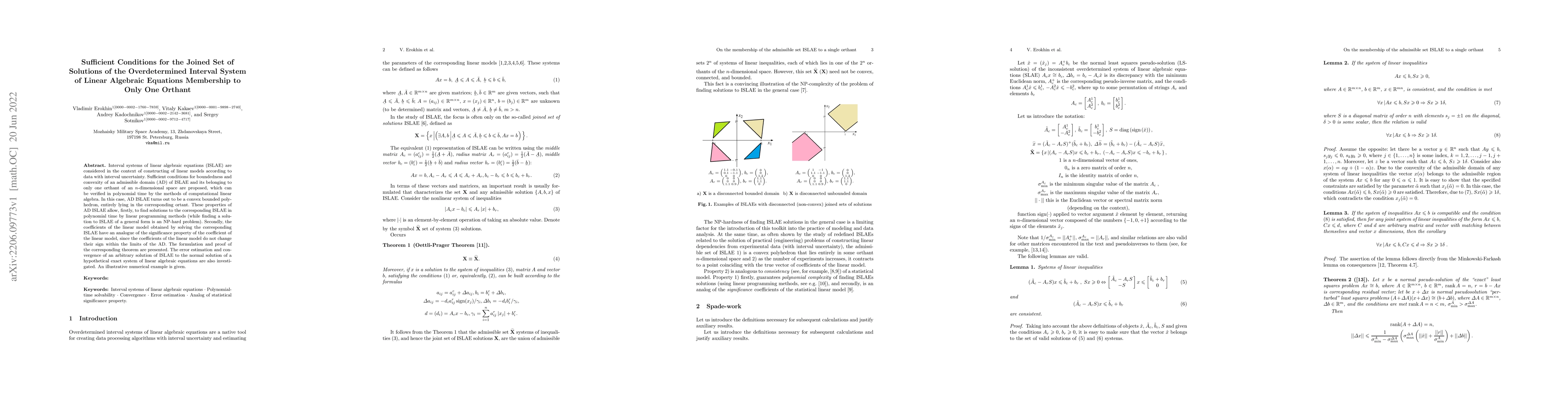 Thumbnail for Sufficient Conditions for the Joined Set of Solutions of the
  Overdetermined Interval System of Linear Algebraic Equations Membership to
  Only One Orthant