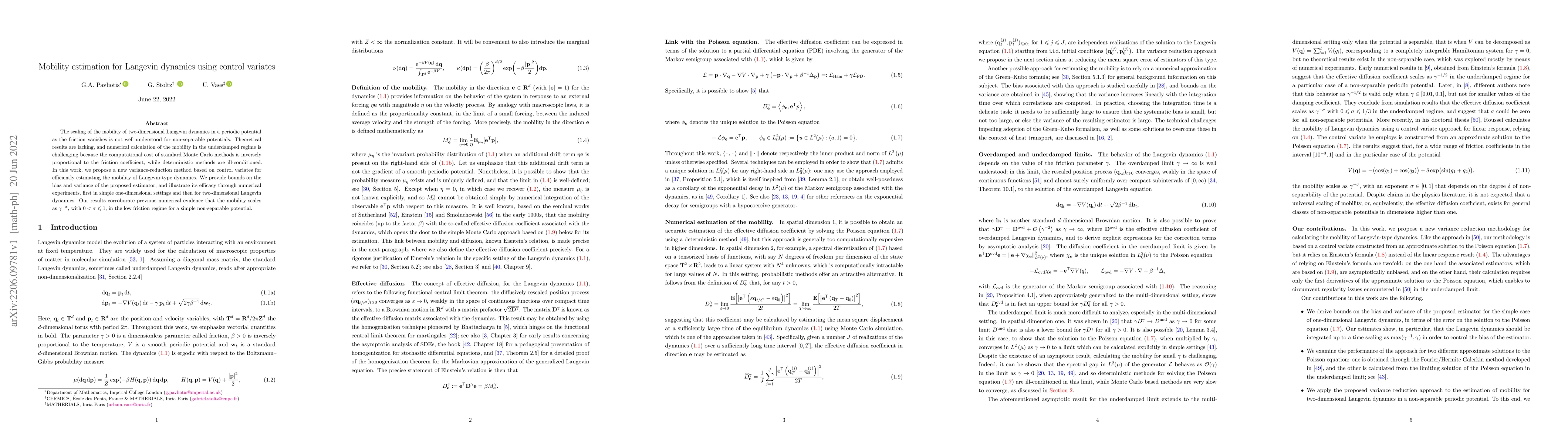 Thumbnail for Mobility estimation for Langevin dynamics using control variates