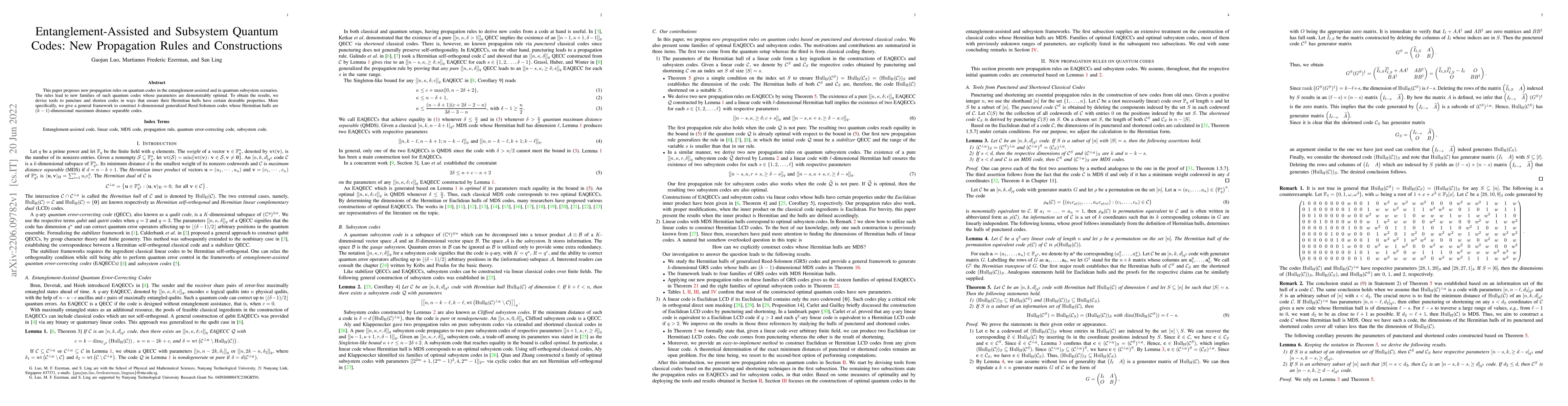 Thumbnail for Entanglement-Assisted and Subsystem Quantum Codes: New Propagation Rules
  and Constructions