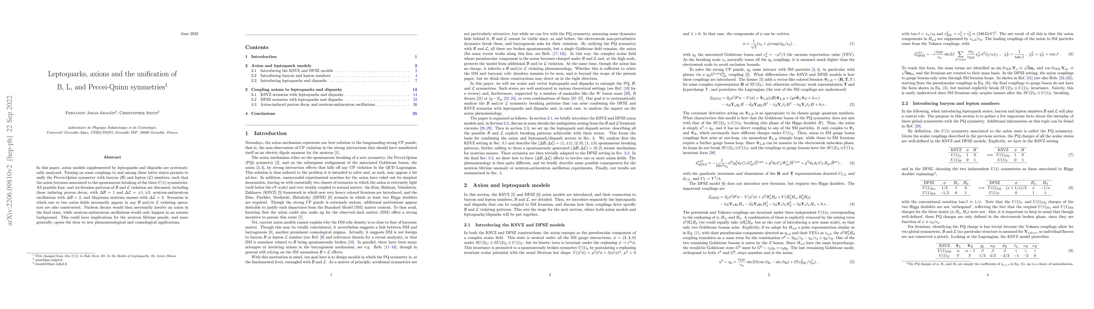Thumbnail for Leptoquarks, axions and the unification of B, L, and Peccei-Quinn
  symmetries