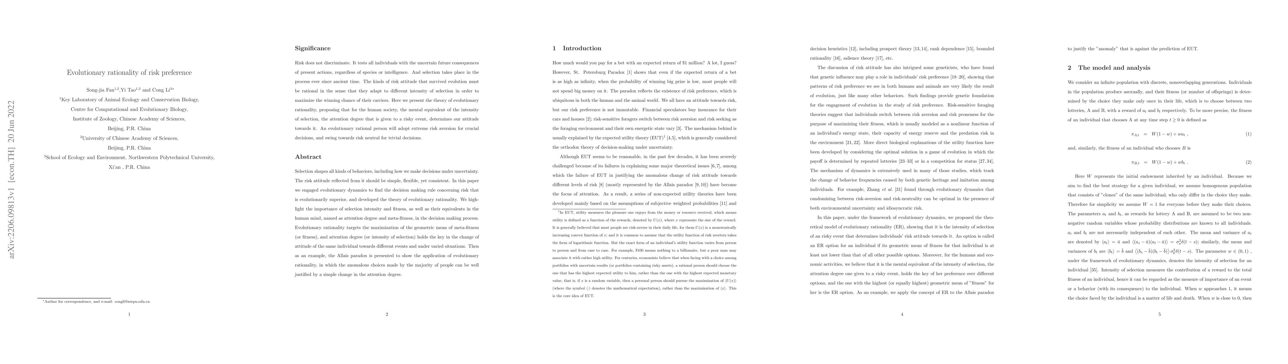 Thumbnail for Evolutionary rationality of risk preference