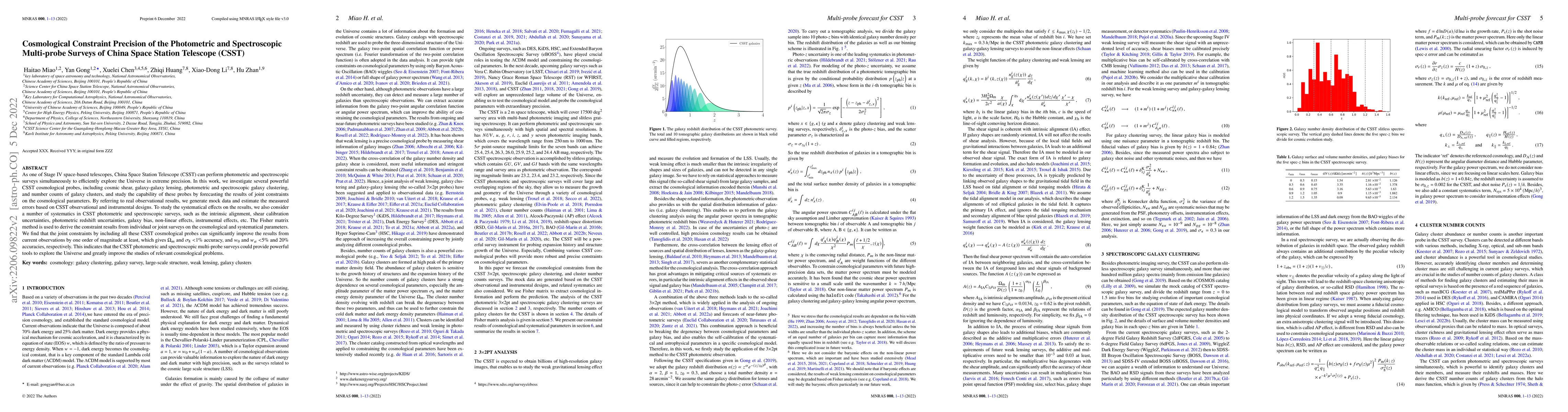 Thumbnail for Cosmological Constraint Precision of the Photometric and Spectroscopic
  Multi-probe Surveys of China Space Station Telescope (CSST)