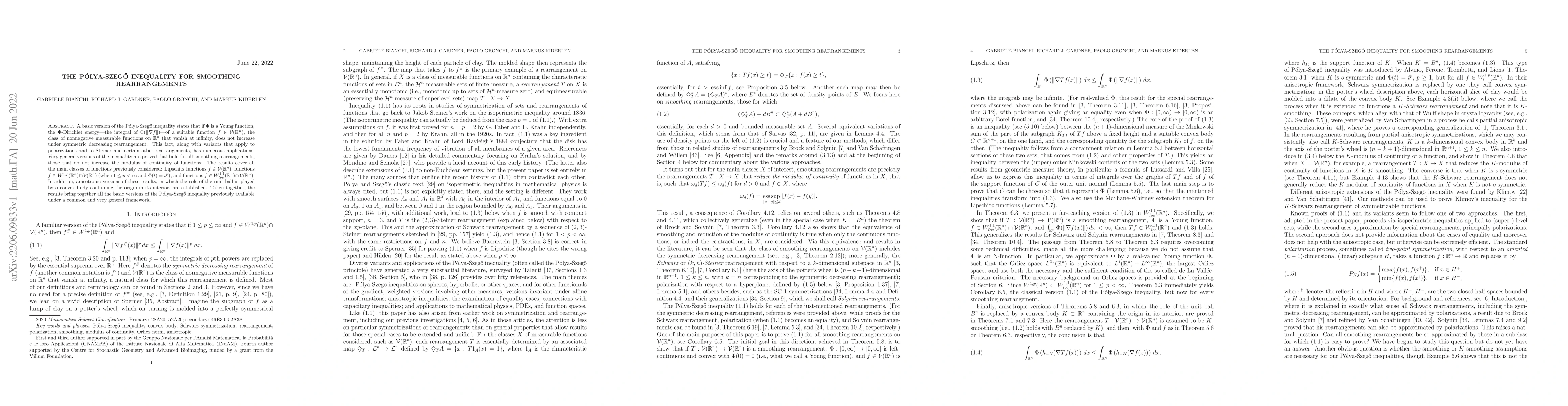 Thumbnail for The P\'olya-Szeg\H{o} inequality for smoothing rearrangements