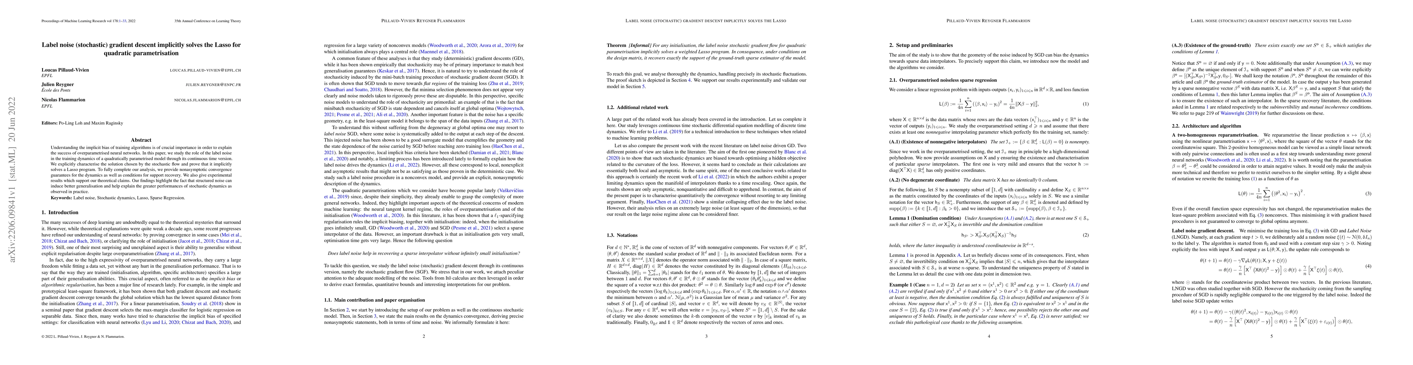 Thumbnail for Label noise (stochastic) gradient descent implicitly solves the Lasso
  for quadratic parametrisation