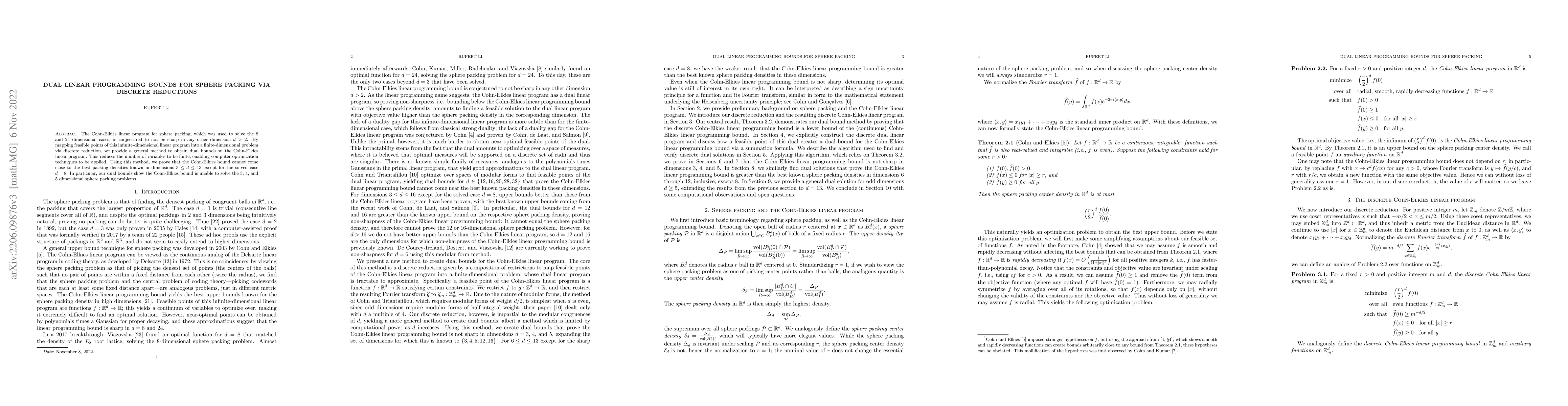 Thumbnail for Dual Linear Programming Bounds for Sphere Packing via Discrete
  Reductions