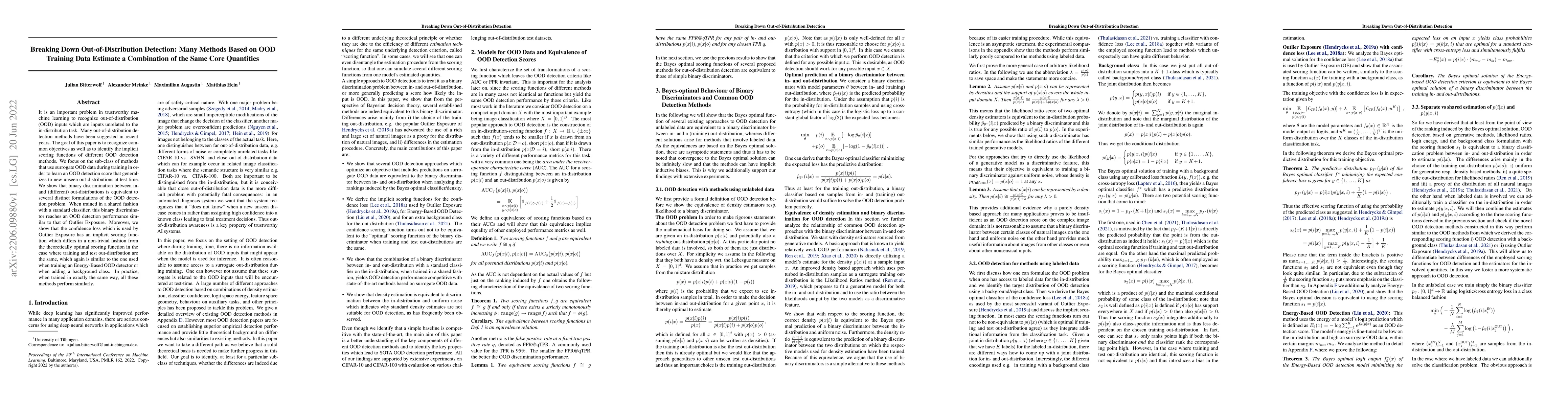 Thumbnail for Breaking Down Out-of-Distribution Detection: Many Methods Based on OOD
  Training Data Estimate a Combination of the Same Core Quantities