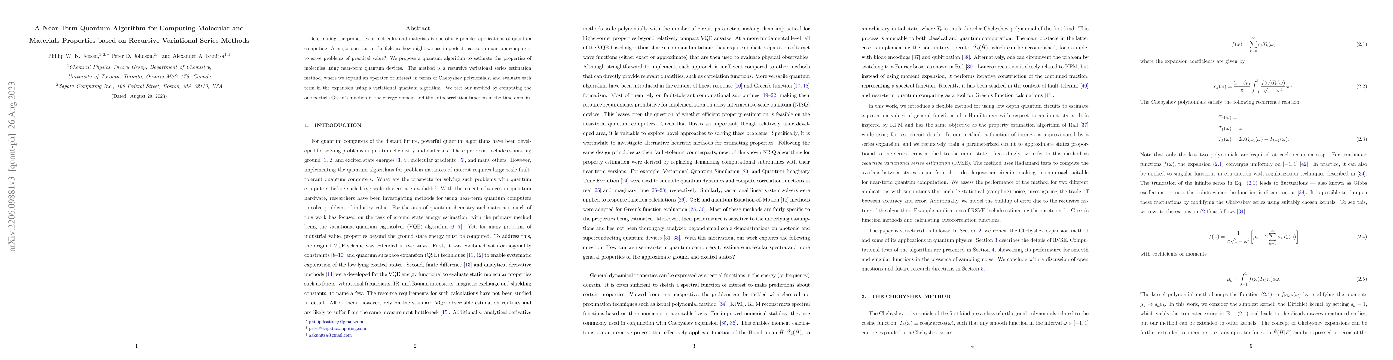 Thumbnail for Near-term quantum algorithm for computing molecular and materials
  properties based on recursive variational series methods