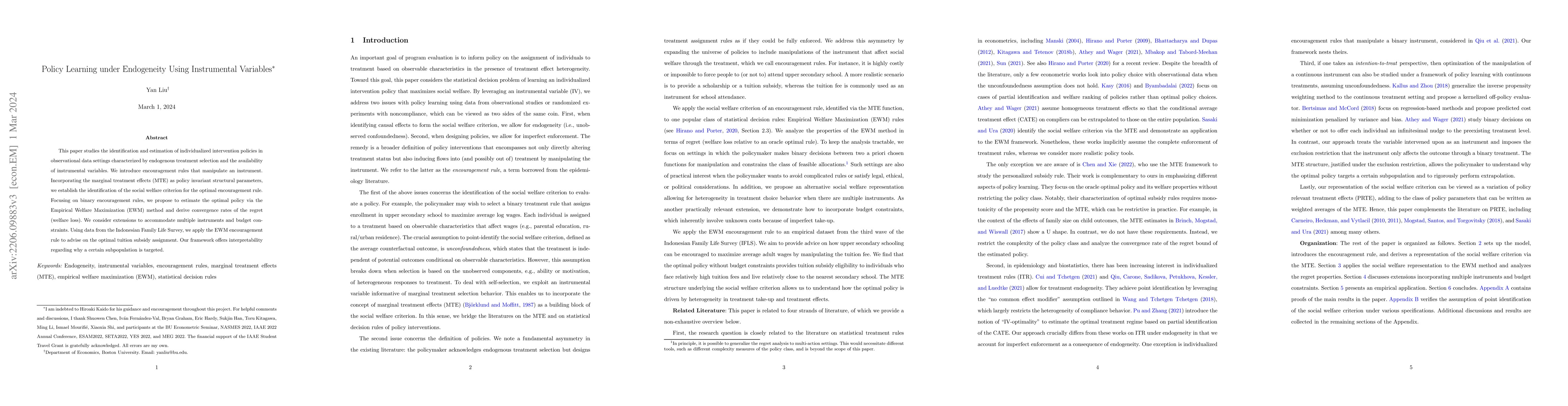 Thumbnail for Policy Learning under Endogeneity Using Instrumental Variables
