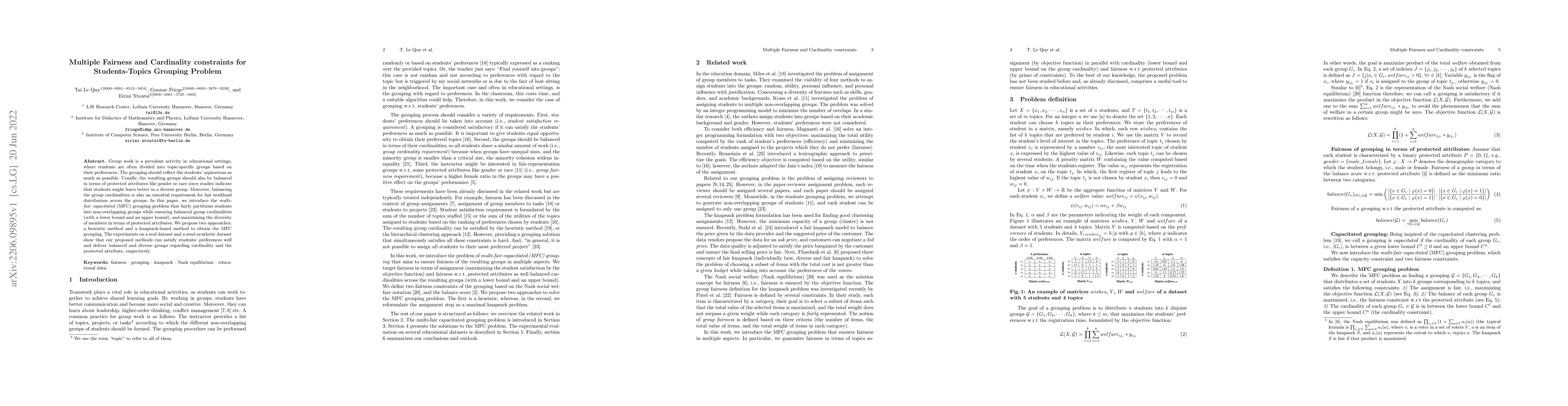 Thumbnail for Multiple Fairness and Cardinality constraints for Students-Topics
  Grouping Problem