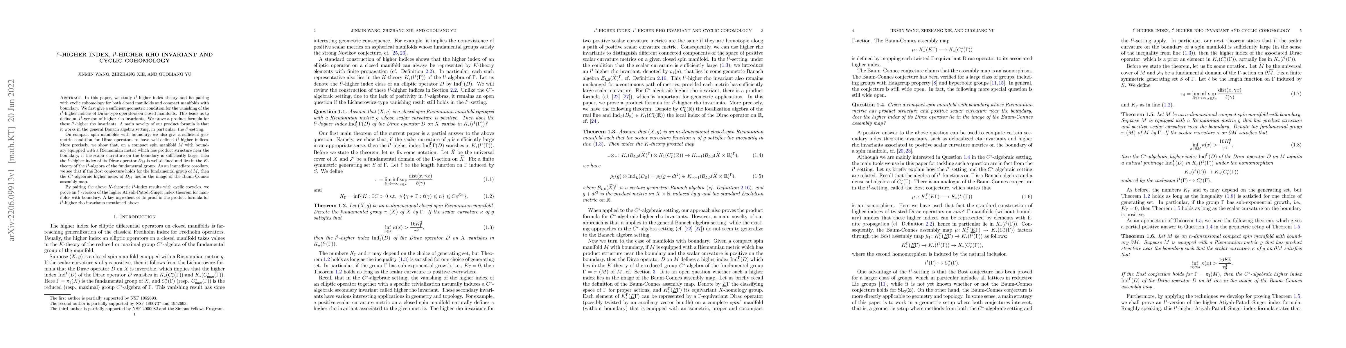 Thumbnail for $l^1$-higher index, $l^1$-higher rho invariant and cyclic cohomology
