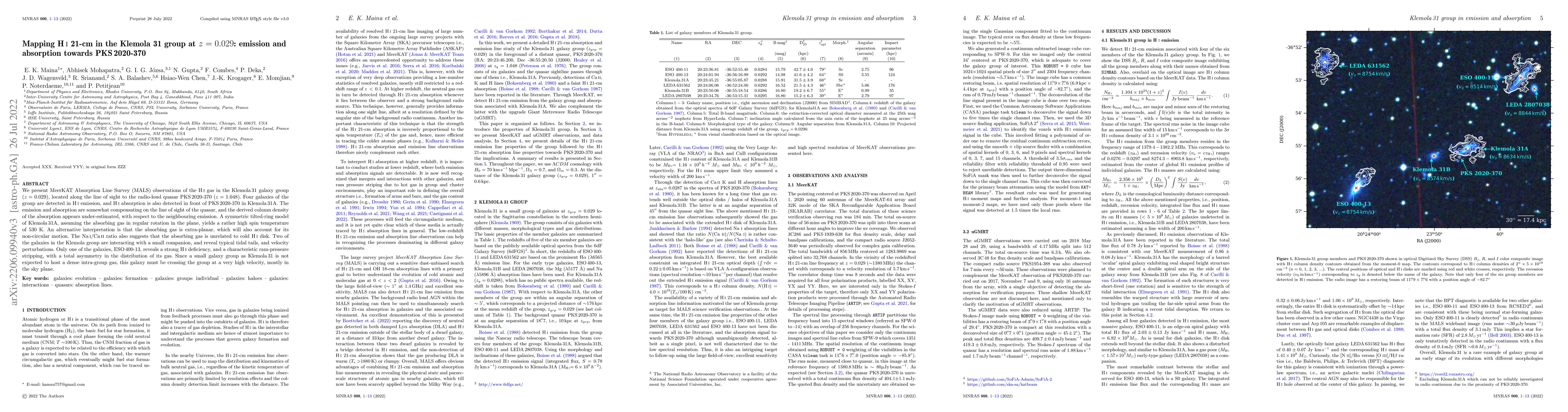 Thumbnail for Mapping HI 21-cm in the Klemola 31 group at z = 0.029: emission and
  absorption towards PKS2020-370
