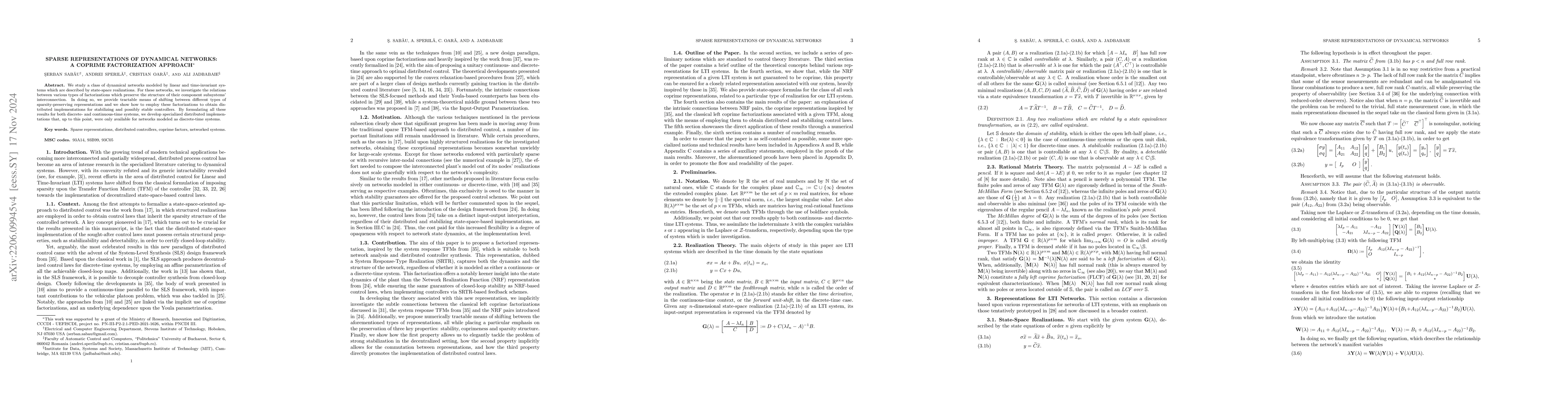 Thumbnail for Sparse Representations of Dynamical Networks: A Coprime Factorization
  Approach