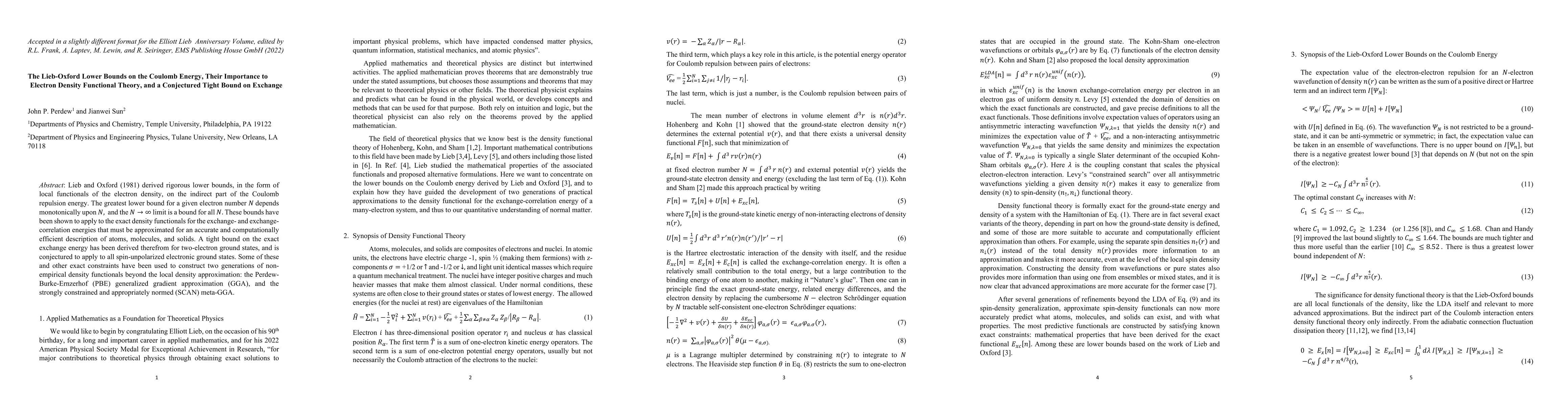 Thumbnail for The Lieb-Oxford Lower Bounds on the Coulomb Energy, Their Importance to
  Electron Density Functional Theory, and a Conjectured Tight Bound on Exchange