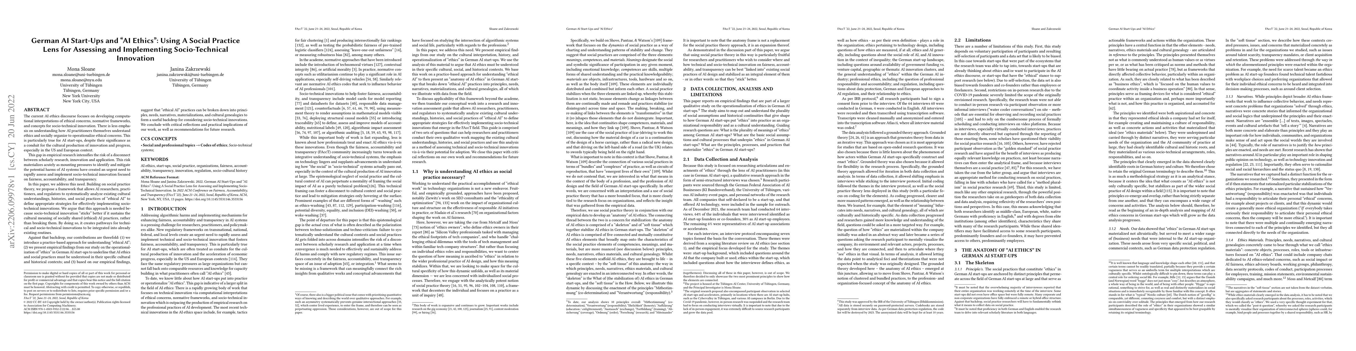 Thumbnail for German AI Start-Ups and AI Ethics: Using A Social Practice Lens for
  Assessing and Implementing Socio-Technical Innovation