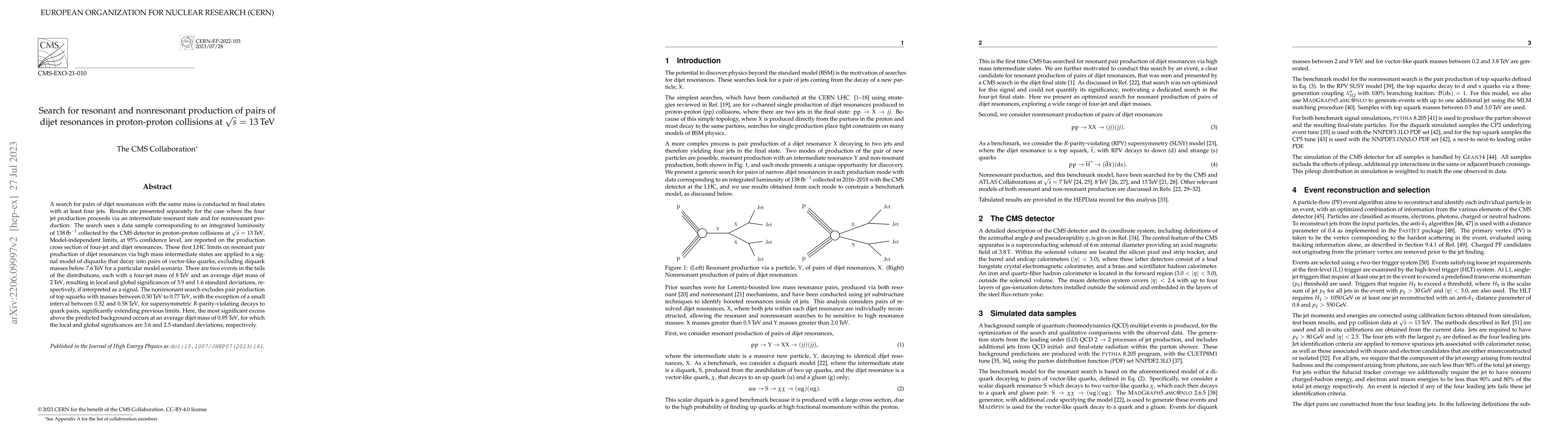 Thumbnail for Search for resonant and nonresonant production of pairs of dijet
  resonances in proton-proton collisions at $\sqrt{s}$ = 13 TeV