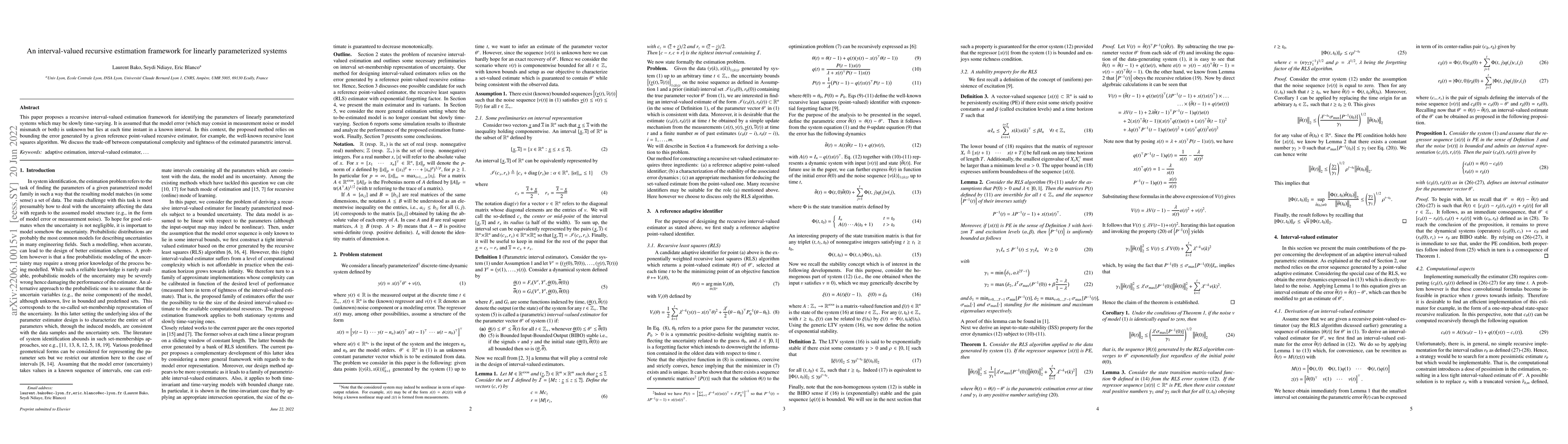 Thumbnail for An interval-valued recursive estimation framework for linearly
  parameterized systems