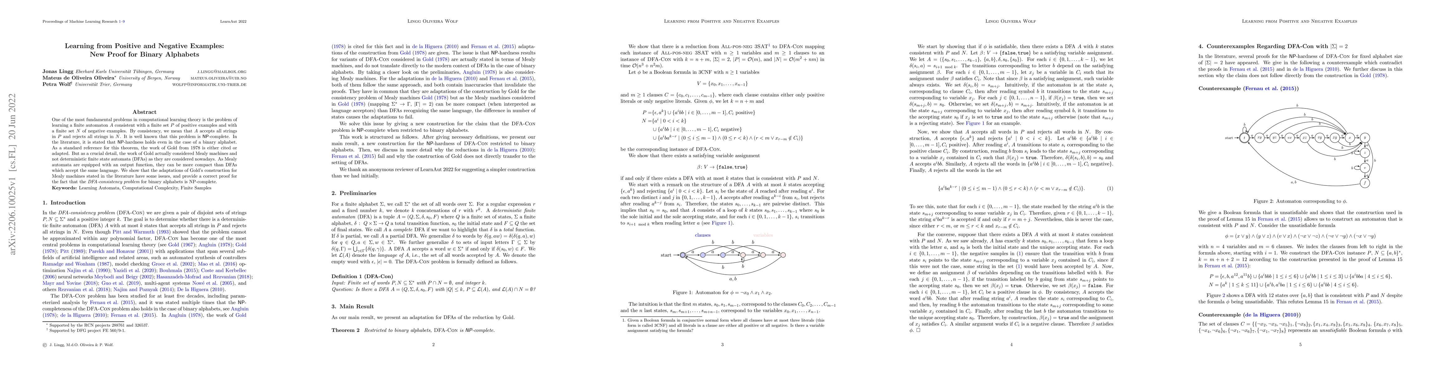 Thumbnail for Learning from Positive and Negative Examples: New Proof for Binary
  Alphabets